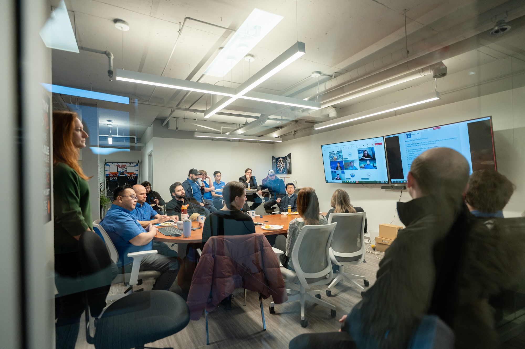 LAN staff gathered for a team meeting in their Calgary office