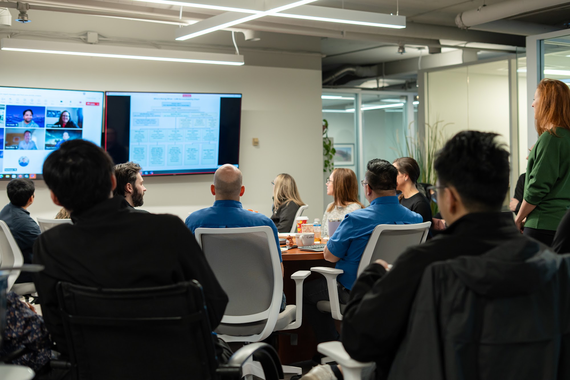 LAN staff watching a presentation in the boardroom